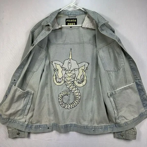 Pance News Denim Trucker Jacket Womens 3XL Light Blue Embroidered Elephant Rare - Picture 9 of 12